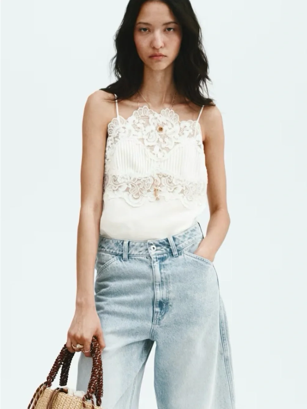 H&M STUDIO COLLECTION SPRING 2026 NWT WHITE LINEN-BLEND LACE-DETAIL TOP - Picture 5 of 13